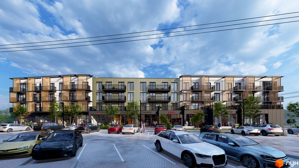 Зовнішній вигляд житлового комплексу DO RE MI Apart з балконами та дерев'яними елементами фасаду, парковка та зелені насадження перед будинком.