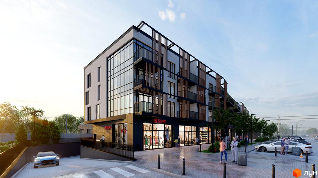 Зовнішній вигляд новобудови DO RE MI Apart з балконами та великими вікнами, прибудинкова територія з парковкою та пішохідною зоною.