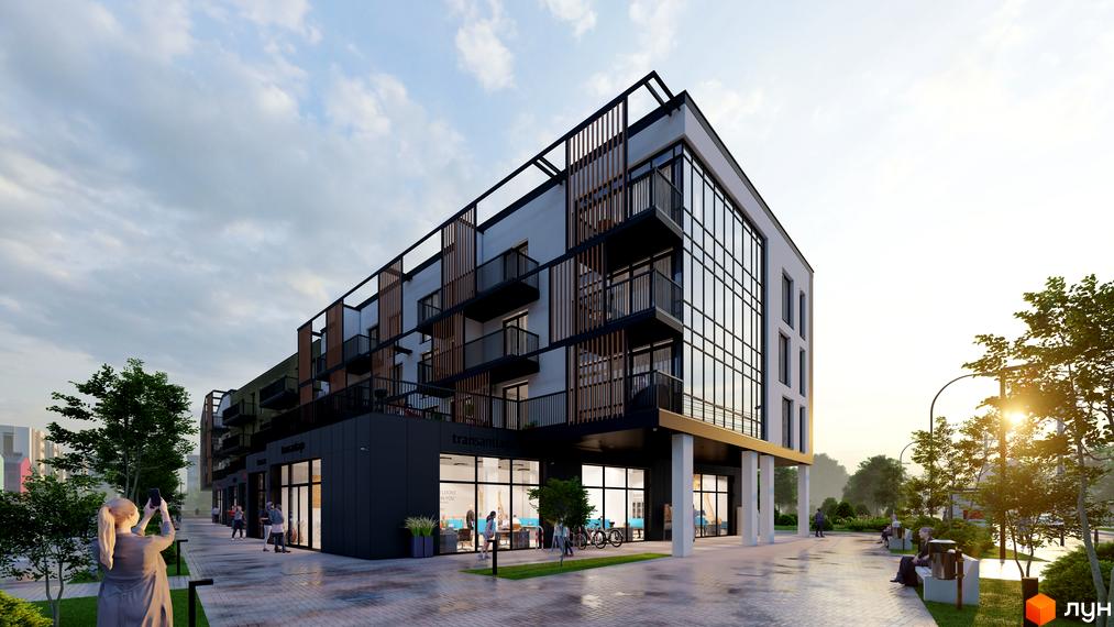 Зовнішній вигляд новобудови DO RE MI Apart з балконами та скляними фасадами, а також прибудинкова територія з деревами та пішохідною зоною.