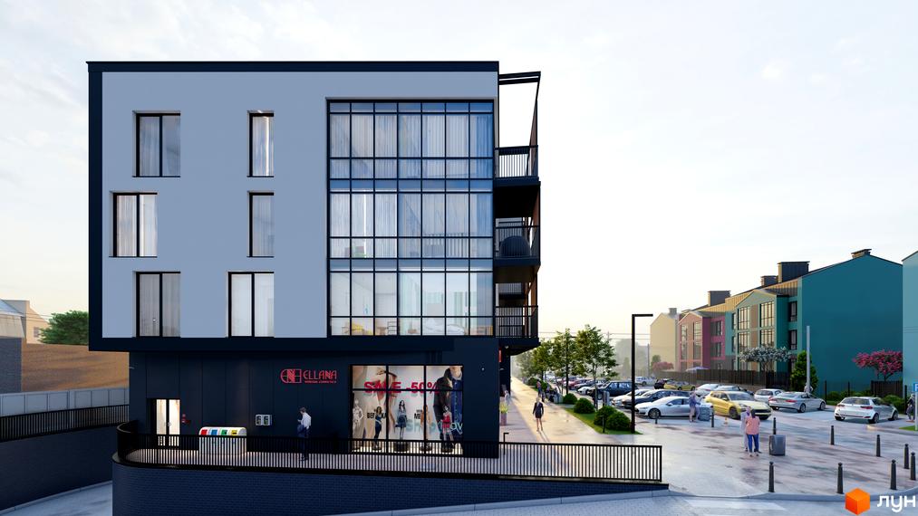 Зовнішній вигляд будинку DO RE MI Apart з великими вікнами та балконами, поруч розташований паркінг з автомобілями.