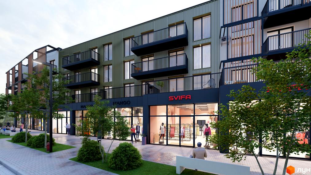 Зовнішній вигляд житлового комплексу DO RE MI Apart з фасадами з металевих панелей та балконами. Прибудинкова територія з деревами та лавками.