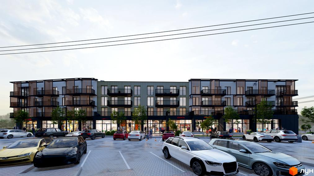 Зовнішній вигляд будинку DO RE MI Apart з балконами та комерційними приміщеннями на першому поверсі, парковка з автомобілями перед новобудовою.