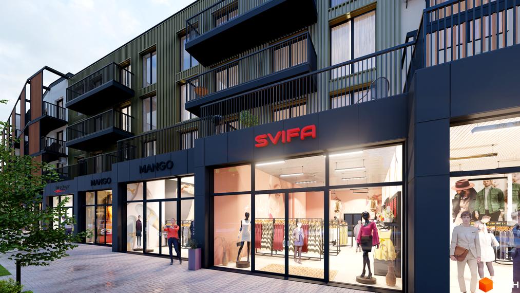 Зовнішній вигляд новобудови DO RE MI Apart з комерційними приміщеннями на першому поверсі та балконами на верхніх. Поруч розташована брукована алея та зелені насадження.