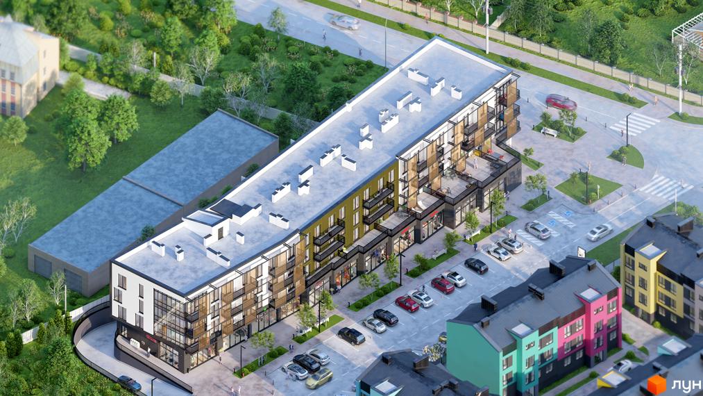 Зовнішній вигляд житлового комплексу DO RE MI Apart з балконами та комерційними приміщеннями на першому поверсі, прибудинкова територія з парковкою та зеленими зонами.