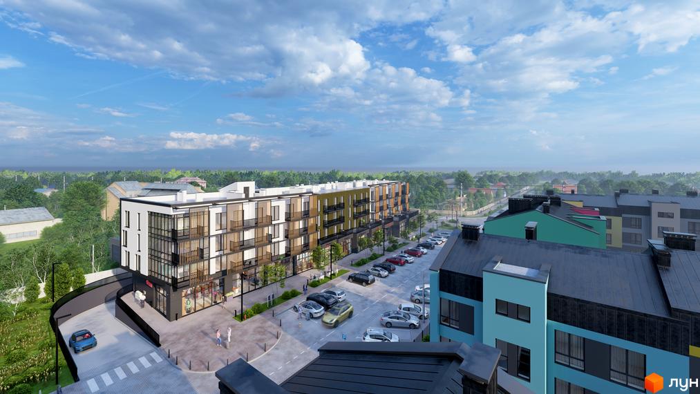 Зовнішній вигляд новобудови DO RE MI Apart з балконами та комерційними приміщеннями на першому поверсі, парковка та зелена зона поруч.