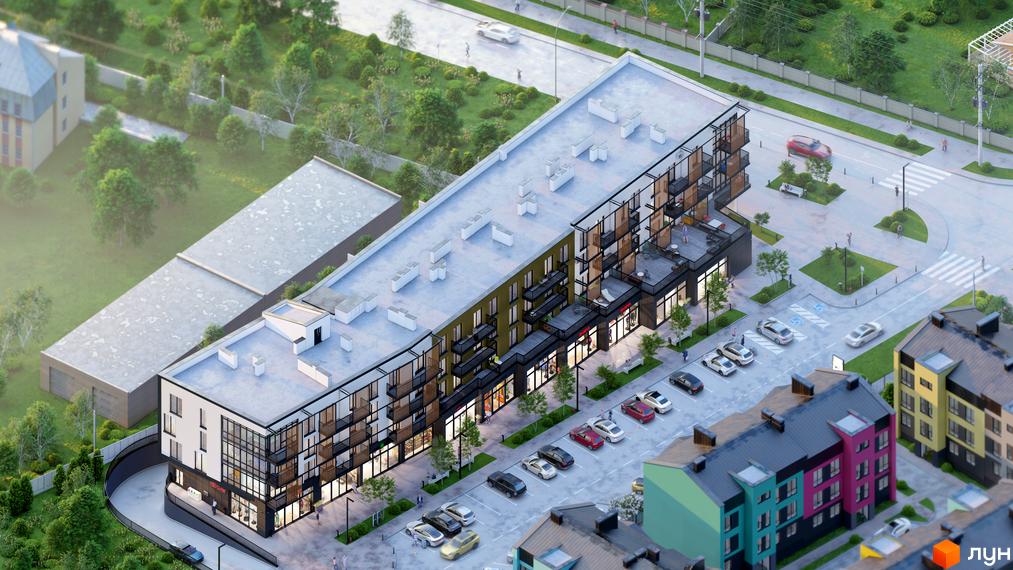 Зовнішній вигляд житлового комплексу DO RE MI Apart з балконами та комерційними приміщеннями на першому поверсі, а також прибудинкова територія з парковкою та зеленими зонами.