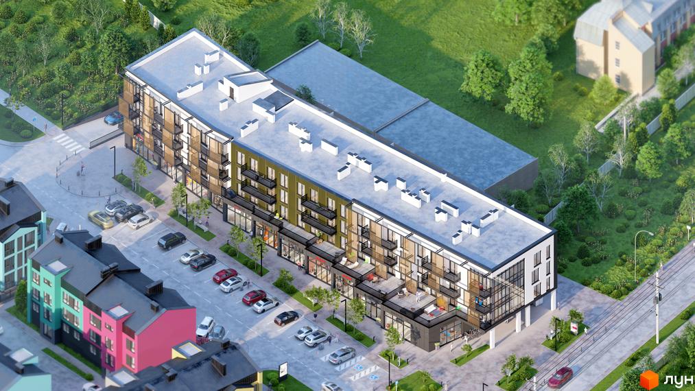 Зовнішній вигляд житлового комплексу DO RE MI Apart з балконами та комерційними приміщеннями на першому поверсі, поруч парковка та зелена зона.