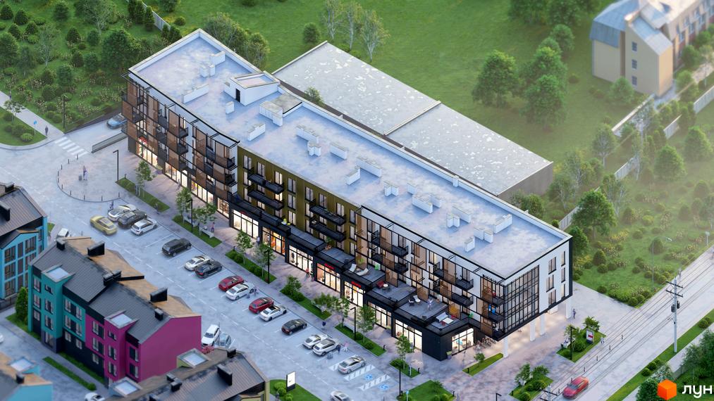 Зовнішній вигляд будинку DO RE MI Apart з балконами та комерційними приміщеннями на першому поверсі, поруч парковка та зелена зона. Новобудова.