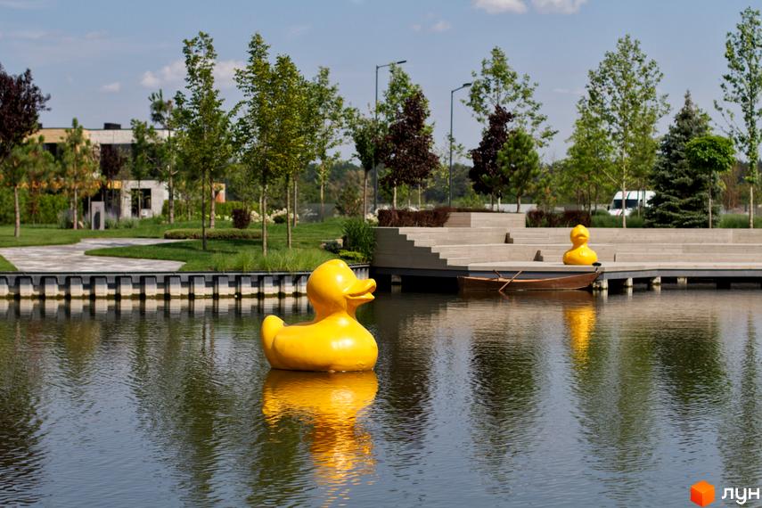 Котеджне містечко КМ О.Краса. Великі жовті качки плавають у водоймі біля сучасних будівель та зеленої зони.