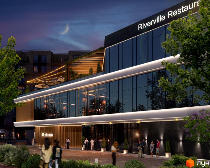 Зовнішній вигляд новобудови Riverville Restaurant з панорамними вікнами та терасою. Навколо будівлі облаштована прибудинкова територія з деревами та освітленням.
