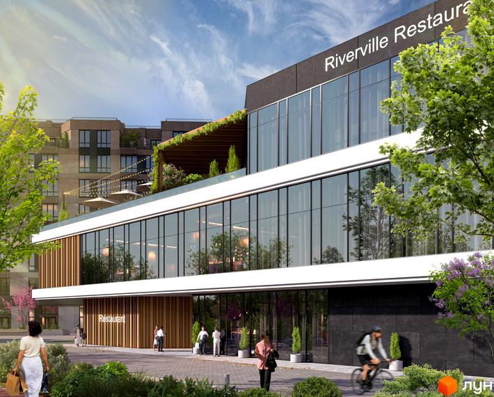 Зовнішній вигляд житлового комплексу Riverville з рестораном та великими вікнами. Територія навколо комплексу озеленена, з пішохідними доріжками та місцями для відпочинку.