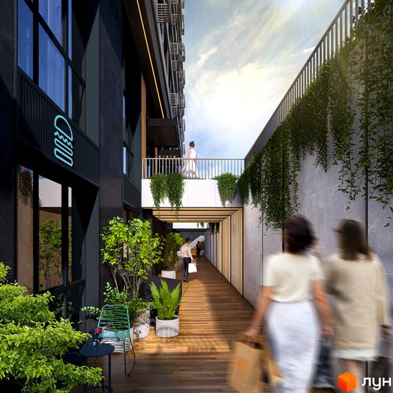 Житловий комплекс RIVERVILLE: сучасний фасад будівлі з балконами та зеленню, дерев'яна тераса з людьми, що прогулюються. Прибудинкова територія з рослинами та місцями для відпочинку.