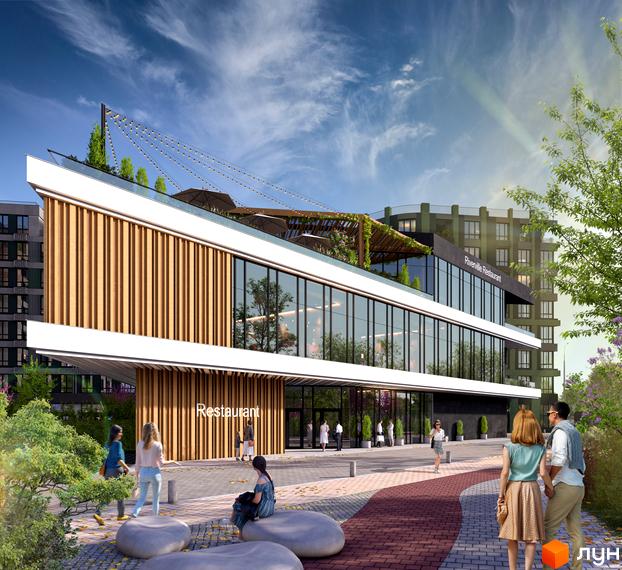 Житловий комплекс RIVERVILLE з фасадом з дерев'яних панелей та великими вікнами, поруч зона відпочинку з лавками та зеленню.