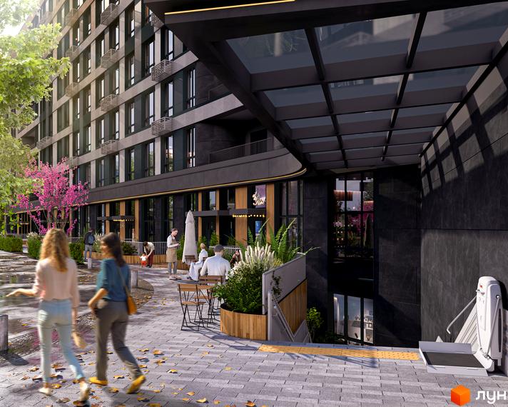 Житловий комплекс RIVERVILLE з фасадом з темного каменю та скляним навісом. Прибудинкова територія з деревами та місцями для відпочинку.