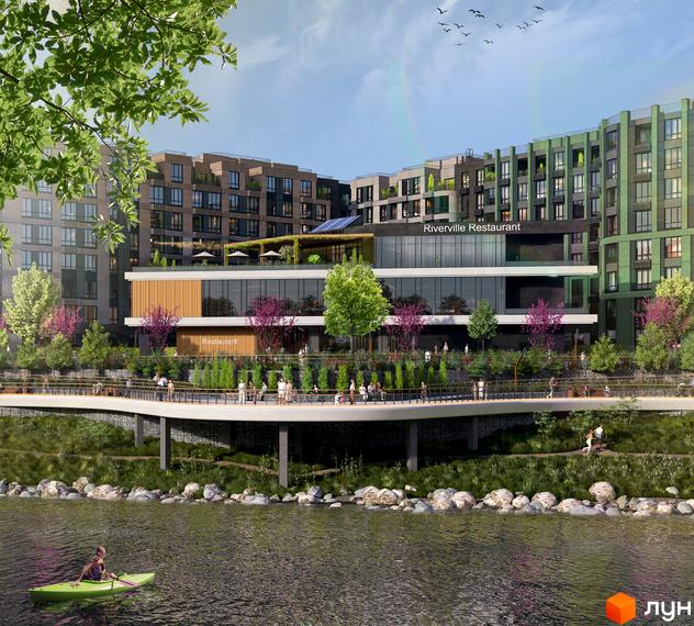 Житловий комплекс RIVERVILLE з фасадами зеленого та коричневого кольорів, набережною та річкою. На території комплексу розташований ресторан.