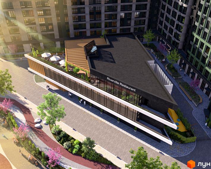 Зовнішній вигляд житлового комплексу RIVERVILLE з рестораном та терасою. Прибудинкова територія з зеленими насадженнями та пішохідними доріжками.