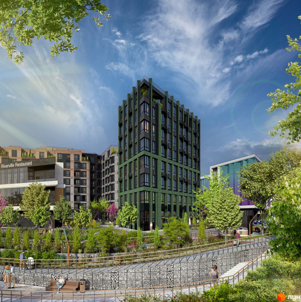 Житловий комплекс RIVERVILLE з зеленими фасадами та сучасною архітектурою, що оточений доглянутою прибудинковою територією з парковою зоною та місцями для відпочинку.