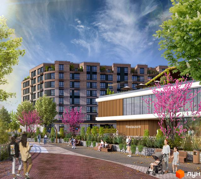 Будівельний проєкт RIVERVILLE з багатоповерховими будинками та зеленою прибудинковою територією з зонами відпочинку.