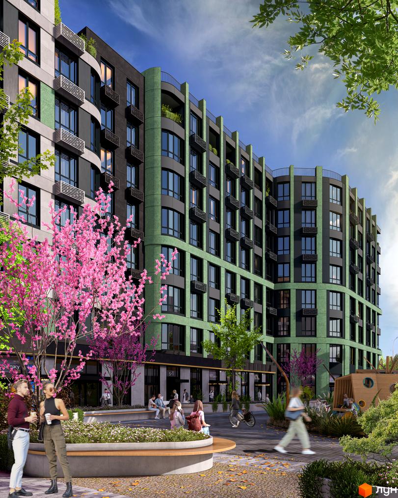 Новобудова ЖК RIVERVILLE з зелено-сірим фасадом та балконами, оточена квітучими деревами та зонами відпочинку для мешканців.