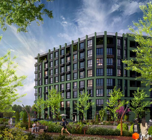 Новобудова ЖК RIVERVILLE з зеленою фасадною обробкою та балконами, оточена доглянутою прибудинковою територією з деревами та місцями для відпочинку.