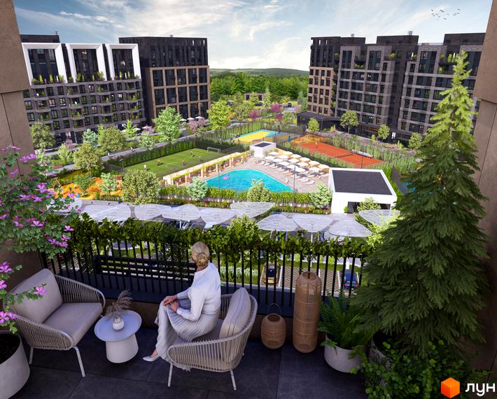 Житловий комплекс RIVERVILLE з сучасними фасадами та доглянутою прибудинковою територією, що включає басейн, спортивні майданчики та зони відпочинку.