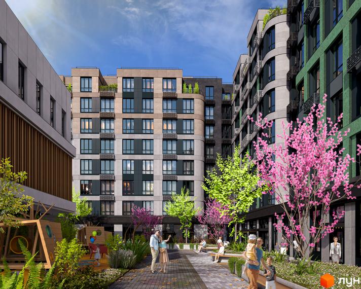 Житловий комплекс RIVERVILLE з фасадами сірого, бежевого та зеленого кольорів та упорядкованою прибудинковою територією з дитячим майданчиком та зонами відпочинку.