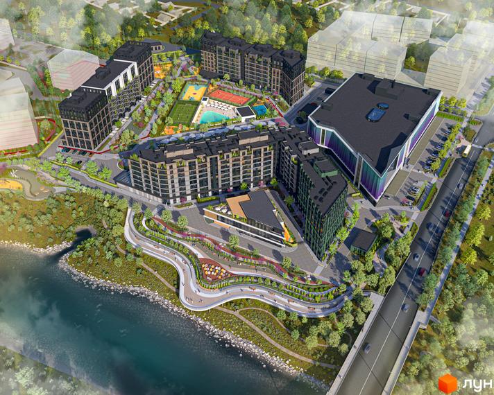 Новобудова ЖК RIVERVILLE з багатоповерховими будинками та сучасною прибудинковою територією з басейном та спортивними майданчиками.