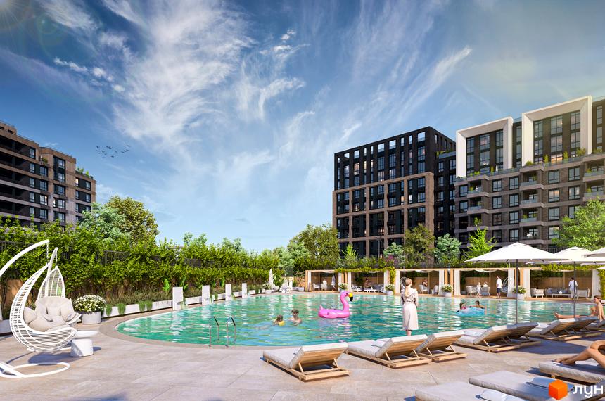 Новобудова ЖК RIVERVILLE з басейном та зонами відпочинку. Сучасна архітектура будівель та зелена прибудинкова територія.