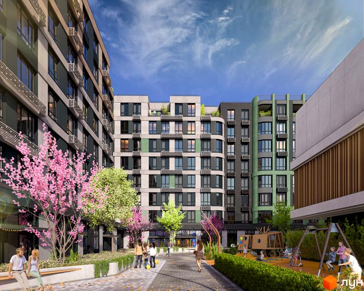 Житловий комплекс RIVERVILLE з різнокольоровими фасадами та дитячим майданчиком. Зелена прибудинкова територія з деревами та місцями для відпочинку.