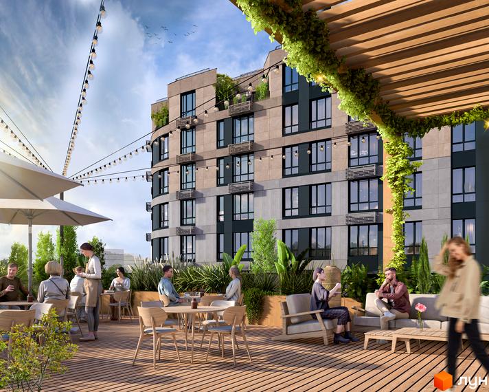 Житловий комплекс RIVERVILLE: багатоповерховий будинок з балконами та зеленню на даху. Тераса з дерев'яним настилом, столиками та місцями для відпочинку.