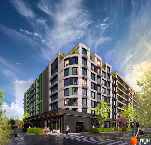 Житловий комплекс RIVERVILLE - багатоповерхова новобудова з балконами та зеленими вставками, перед якою розташована прибудинкова територія з деревами та пішохідним переходом.