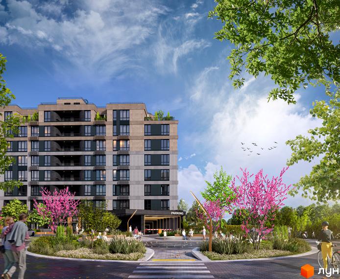 Житловий комплекс RIVERVILLE з багатоповерховими будинками та зеленою прибудинковою територією. Навколо будинку розташовані дерева, квіти та місця для відпочинку.