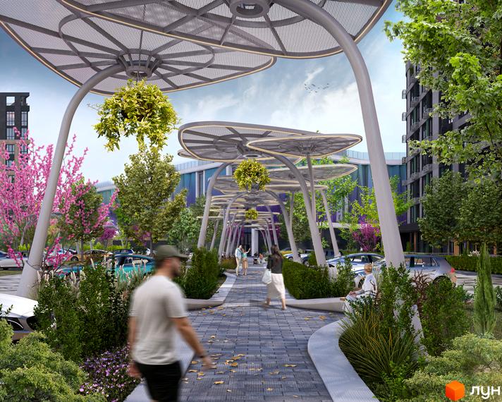 Житловий комплекс RIVERVILLE: сучасна архітектура та зелена прибудинкова територія з навісами та зонами відпочинку.