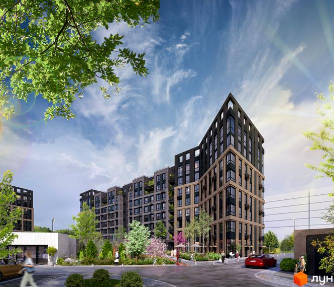 Новобудова ЖК RIVERVILLE з цегляним фасадом та балконами, оточена зеленими деревами та зоною відпочинку.