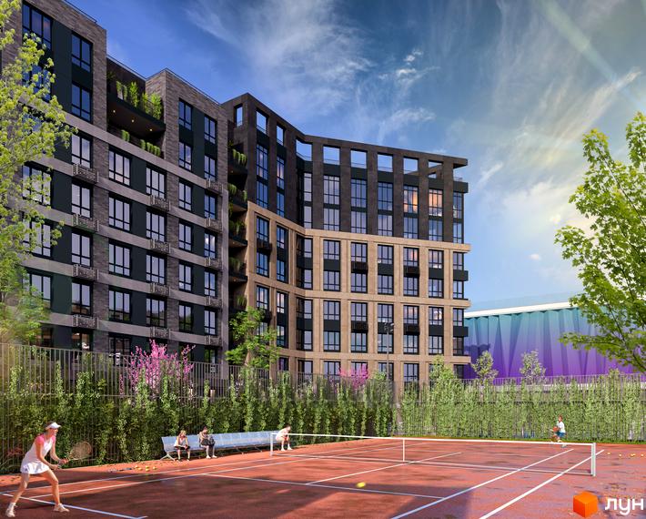 Житловий комплекс RIVERVILLE з цегляним та бежевим фасадом, балконами та великими вікнами. На прибудинковій території розташований тенісний корт та зелені насадження.