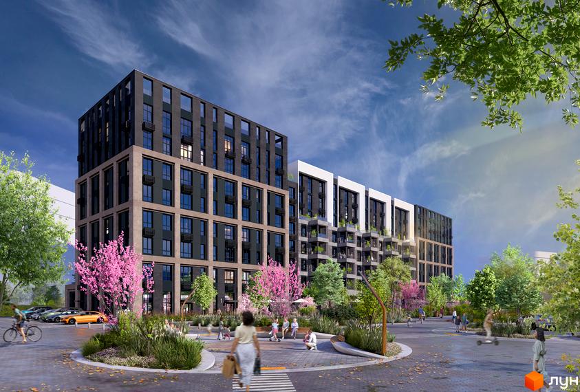 Житловий комплекс RIVERVILLE: фасади будівель з темними та світлими елементами, балконами та великими вікнами. Територія з деревами, квітами, зонами відпочинку та доріжками.