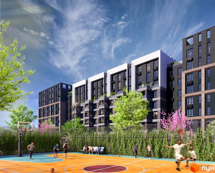 Житловий комплекс RIVERVILLE з баскетбольним майданчиком та зоною відпочинку. Сучасна архітектура будівель та зелена прибудинкова територія.