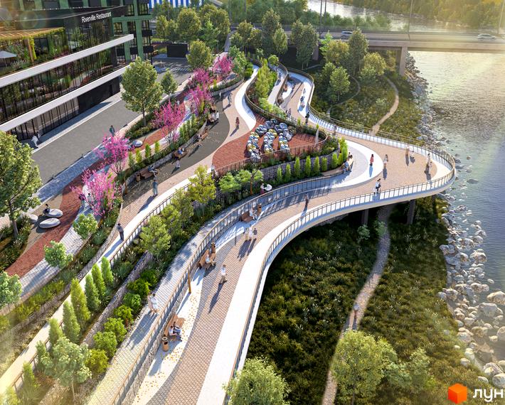 Житловий комплекс RIVERVILLE з набережною та зонами відпочинку біля річки. Сучасний дизайн фасаду будівлі та ландшафтний дизайн прибудинкової території.