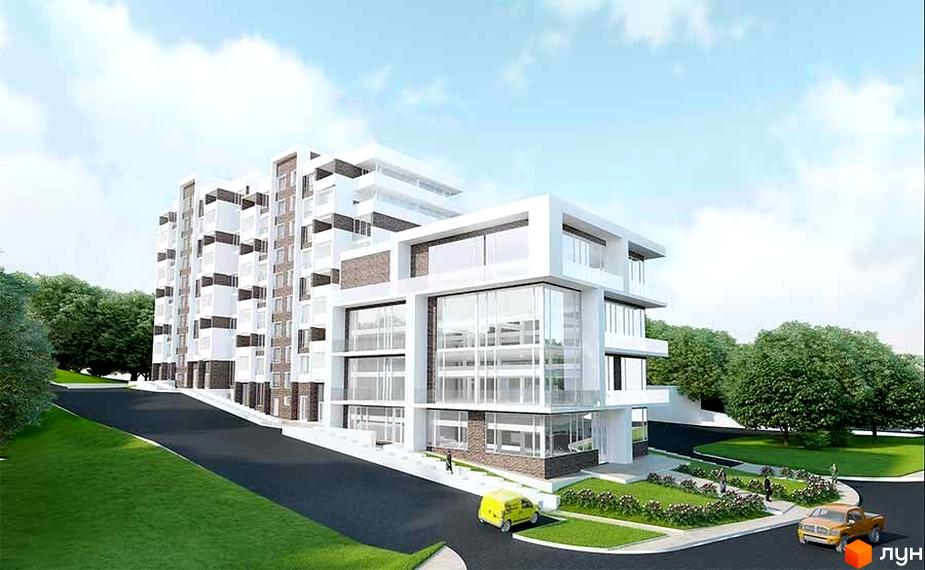 Зображення житлового комплексу з білими фасадами та великими вікнами. На території комплексу є зелені насадження, а також парковка для автомобілів.