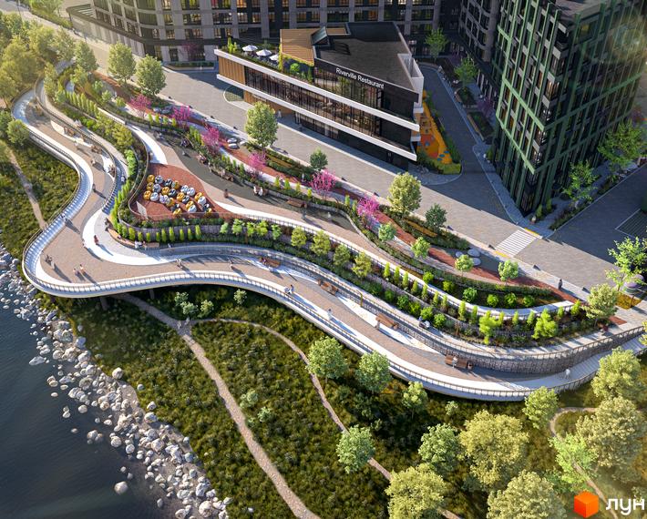 Житловий комплекс RIVERVILLE з набережною, зеленими зонами та рестораном. Сучасна архітектура та благоустрій території.