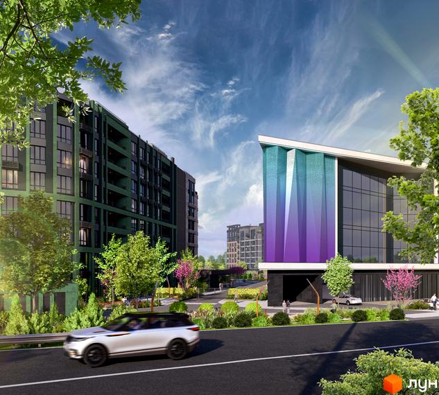 Зовнішній вигляд житлового комплексу RIVERVILLE із зеленими фасадами та сучасною архітектурою. Прибудинкова територія з деревами та доглянутими кущами.