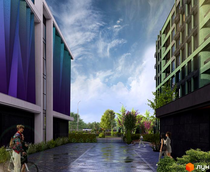Житловий комплекс RIVERVILLE з фасадами, що переливаються, та зеленою прибудинковою територією. На території комплексу розташовані дерева та кущі, а також доріжки для прогулянок.
