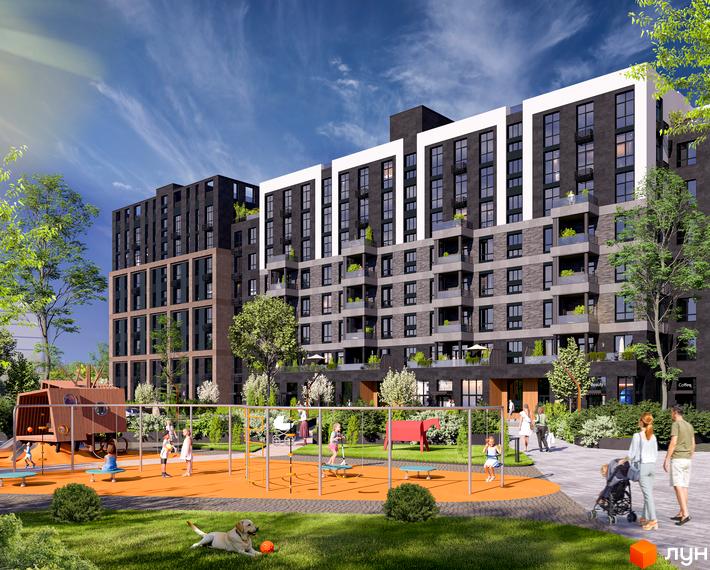 Житловий комплекс RIVERVILLE. Сучасна архітектура, дитячий майданчик та зелена зона відпочинку.