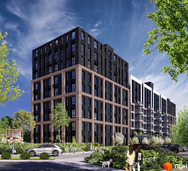 Новобудова ЖК RIVERVILLE з темним фасадом та світлими елементами, оточена зеленою прибудинковою територією з деревами та місцями для відпочинку.