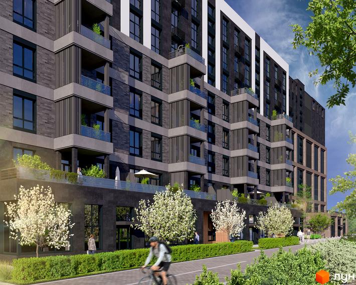 Будівельний проєкт RIVERVILLE: багатоповерховий будинок з балконами та скляними огорожами, зелена прибудинкова територія з деревами та доріжкою для велосипедистів.