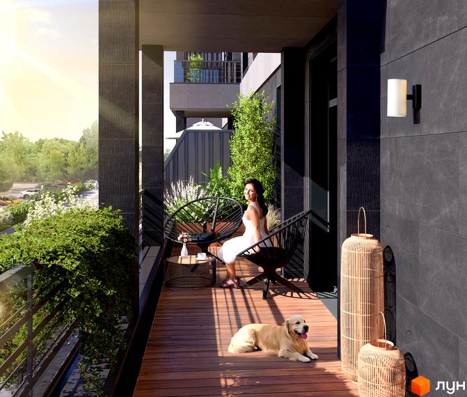 Житловий комплекс RIVERVILLE. Балкон з меблями та собакою, зелені насадження та вид на міський пейзаж.