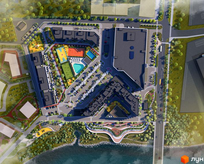 Житловий комплекс RIVERVILLE. Аерофотозйомка комплексу з басейном, спортивними майданчиками та зеленими зонами біля річки.