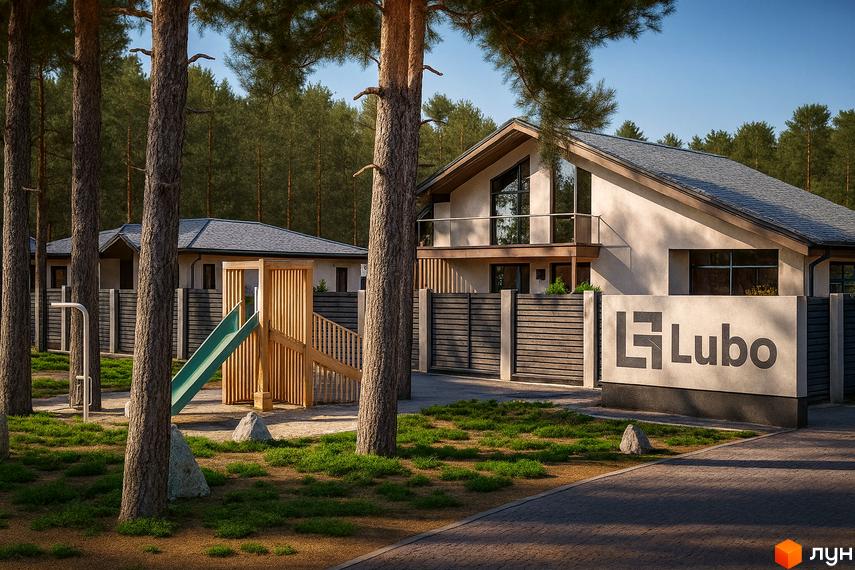 Котеджне містечко Lubo Village з дитячим майданчиком та парканом. Зовнішній вигляд будинків та прибудинкова територія.