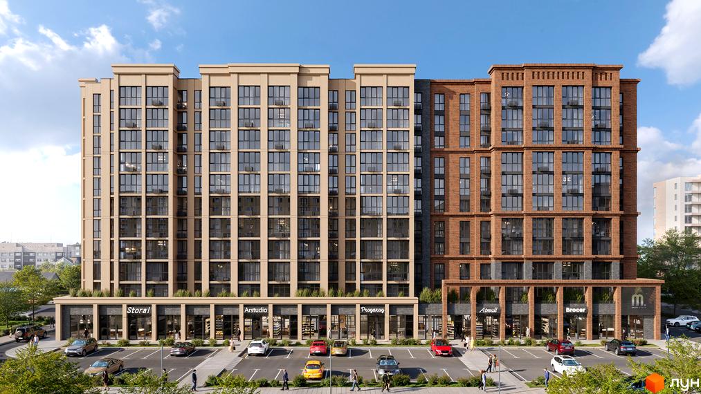 Житловий комплекс Мангеттен: фасади з цегли та бежевих панелей, панорамні вікна, парковка та зелена зона перед будинком.