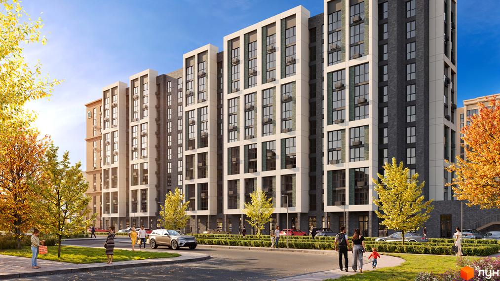 Житловий комплекс Мангеттен - фасади будівель з панорамними вікнами та кондиціонерами, зелена прибудинкова територія з деревами та пішохідними доріжками.